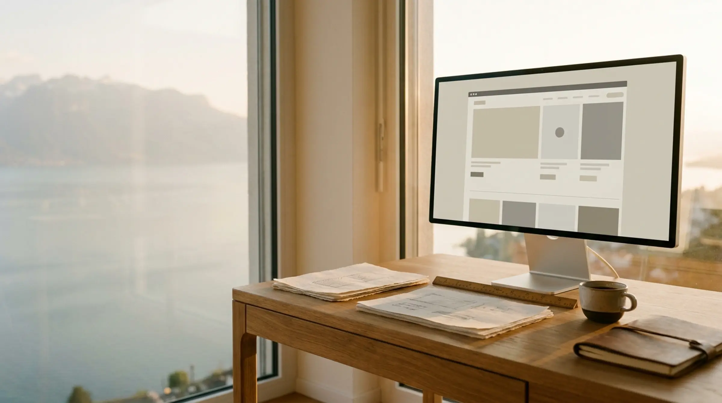 Bureau de création avec grand écran, croquis de mise en page et vue sur le lac