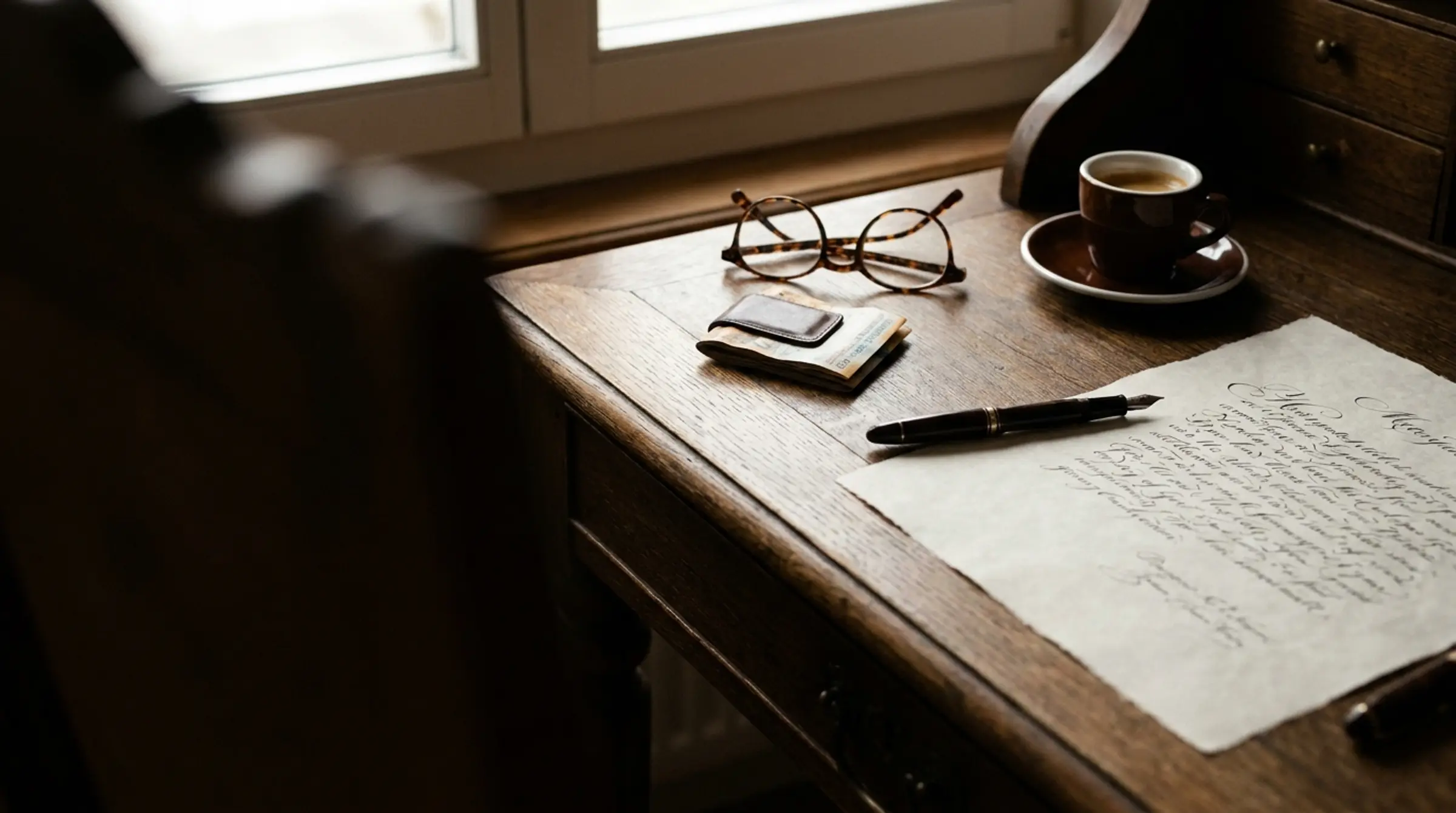 Devis imprimé, stylo et francs suisses sur un bureau en chêne, lumière du matin