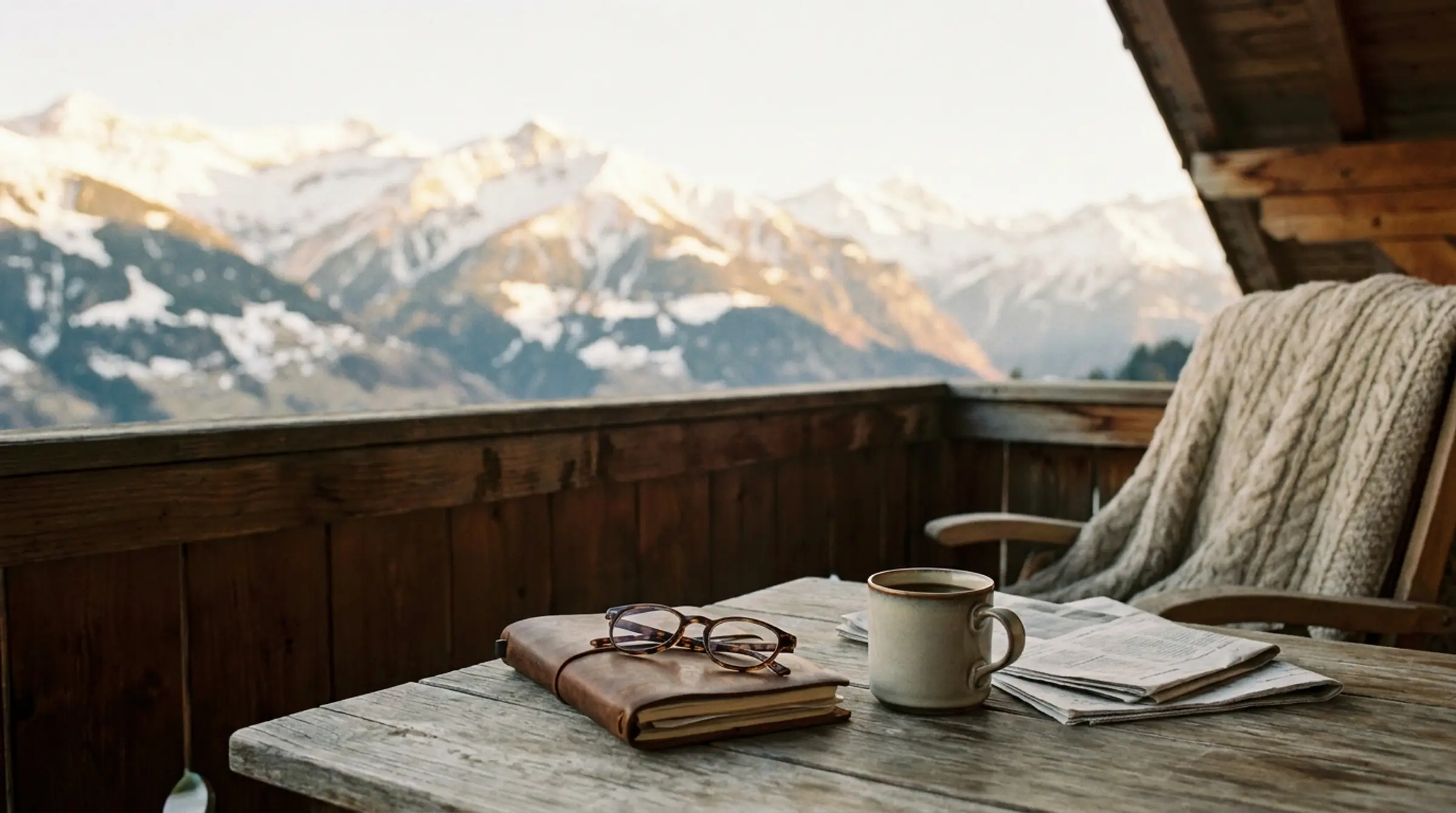 Journal, carnet et café sur une table en bois devant les Alpes enneigées